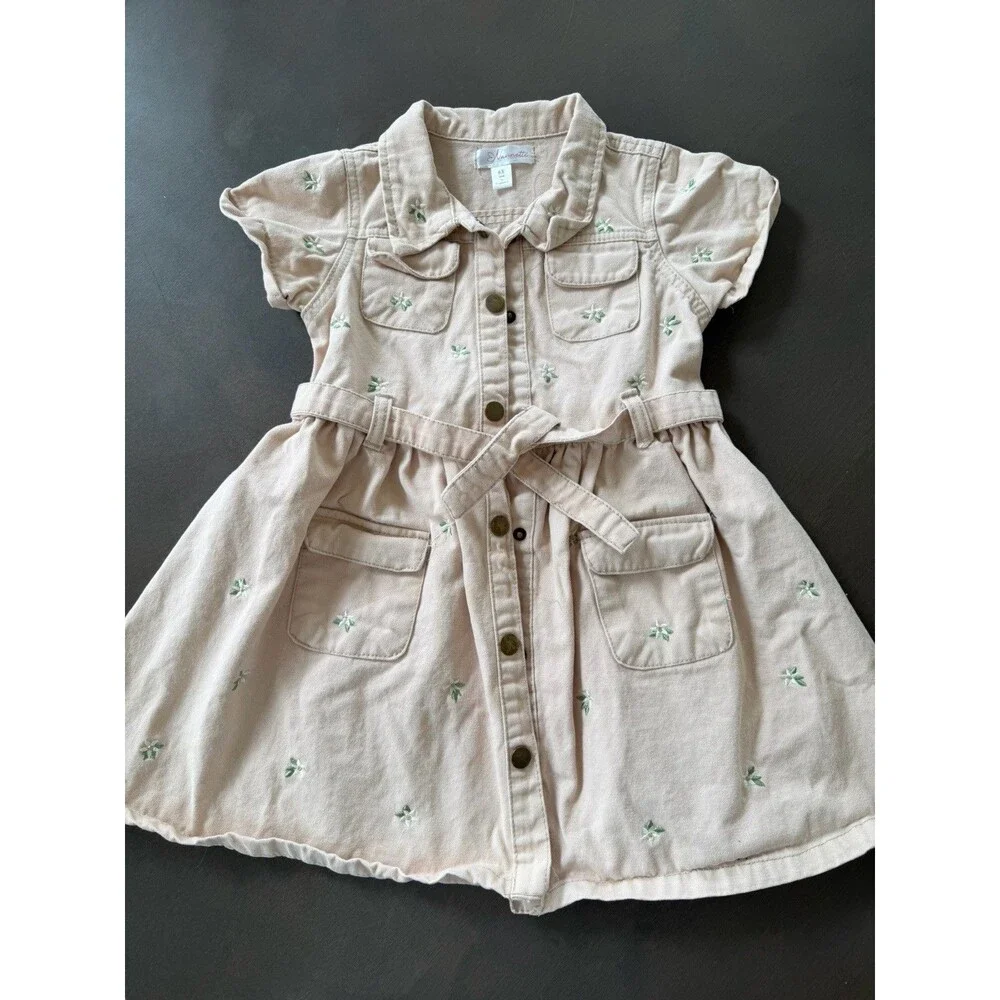 Nanette Denim Button-Front Dress Pockets floral embroidered Girls Size 6T beige
